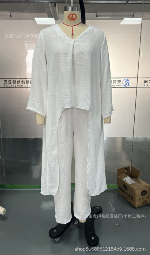 Women's summer pocket V-neck 2-piece set solid color loose women's clothing m301501