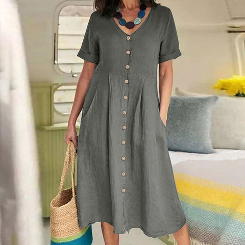 New solid color loose high waist cotton and linen dress m301192