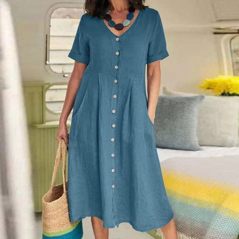 New solid color loose high waist cotton and linen dress m301192
