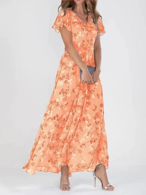 Beach pendulum long dress chiffon floral short-sleeved ruffle V-neck fashion waist dress m301342