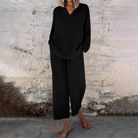 Casual V-neck pullover long sleeve plus pocket trousers cotton multi-color women's suit m301441