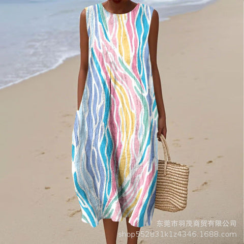 New sleeveless casual printing temperament long dress dress slim fit small fresh casual dress m301521