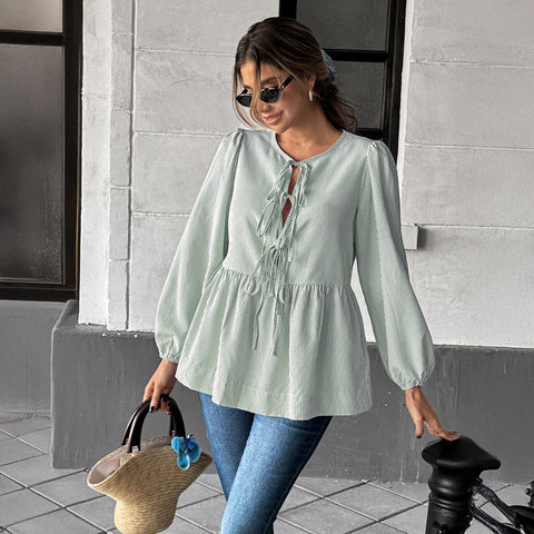 Temperament elegant striped long-sleeved strap T-shirt shirt m301397