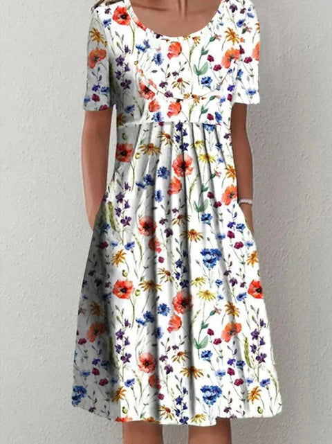 Spring/Summer Flower Printed Round Neck Pocket Mid length Dress for Women's Clothing m300037