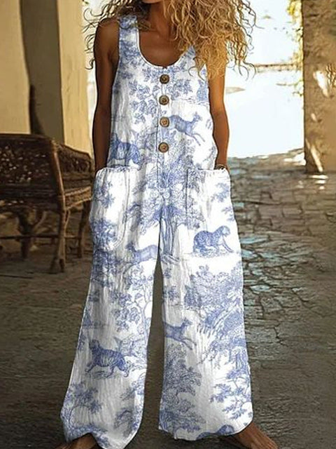 Casual sleeveless loose pocket overalls women's long jumpsuit m301435