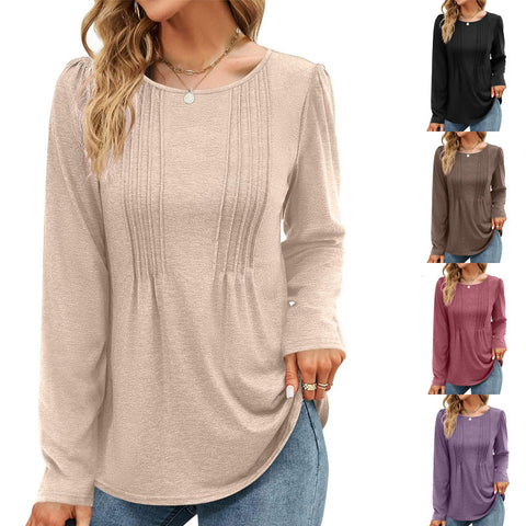 Stripe solid color round neck long-sleeved t-shirt m300549