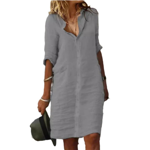 Loose Lapels Button Half Sleeve Solid Color Cotton and Linen Shirt Dress M300155