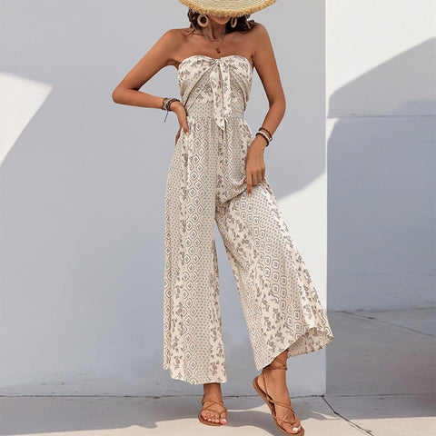 Summer hot-selling high-waisted lace-up wide-leg pants with splicing ethnic style casual wide-leg trousers m300833