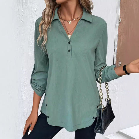 Solid color V-neck button-down long-sleeved loose fashion women's shirt m300655