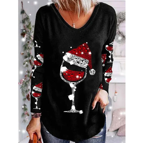 Loose 3D V-neck long-sleeved T-shirt women's Christmas printed bottoming shirt m302098