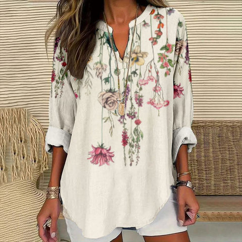 Loose 3D Printed V-Neck Shirt Long Sleeve T-Shirt m301360