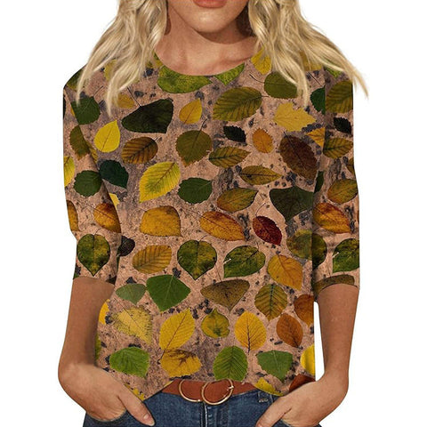 Seven-quarter sleeve plant flower 3D printing crew neck pullover m300615