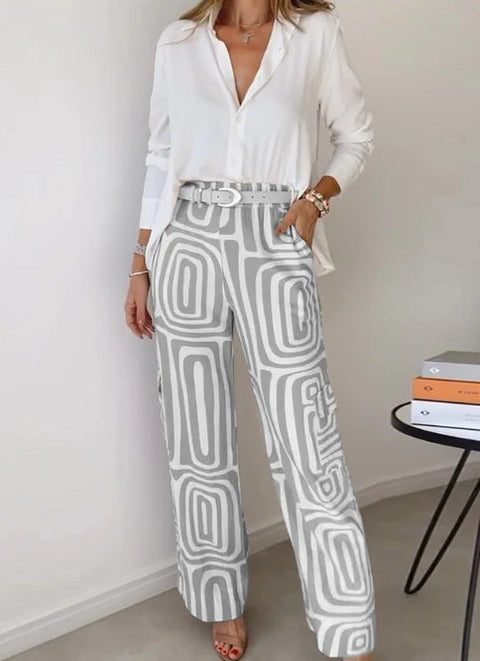 Casual suit women's high-end digital printing commuter shirt loose trousers two-piece set m301306