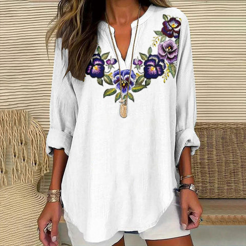 Loose 3D Printed V-Neck Shirt Long Sleeve T-Shirt m301360