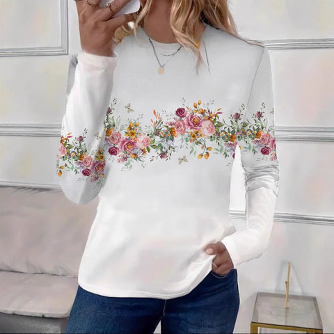 Women's Loose Fashion Retro Classic Printed Crew Neck Long Sleeve T-Shirt m301237