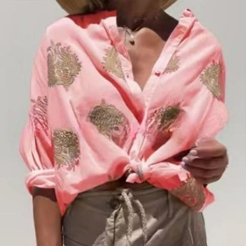 Printed Independent Station Long Sleeve Lapel Button Women's Shirt m301309