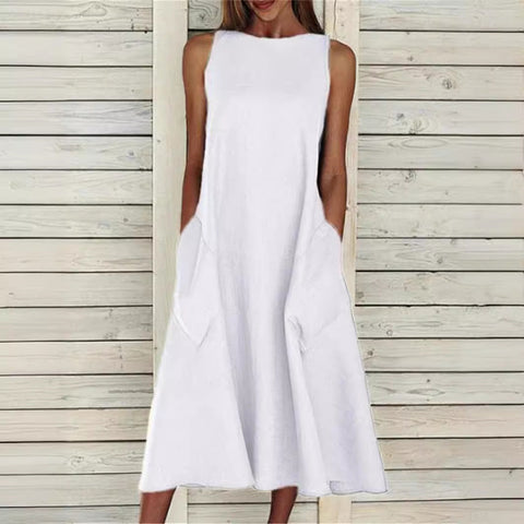 round Neck Sleeveless Double Pocket Dress M300157