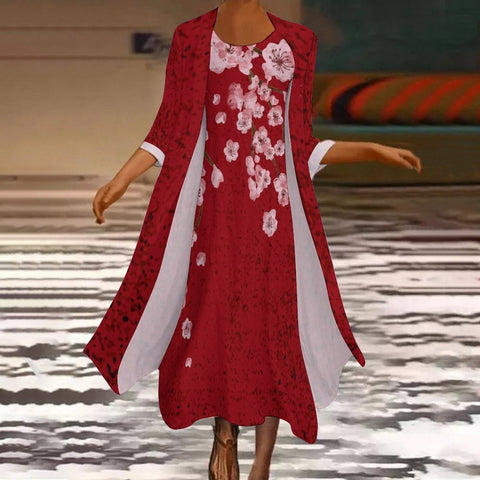 New women's long dress two-piece set flower and grass print crew neck dress m301251