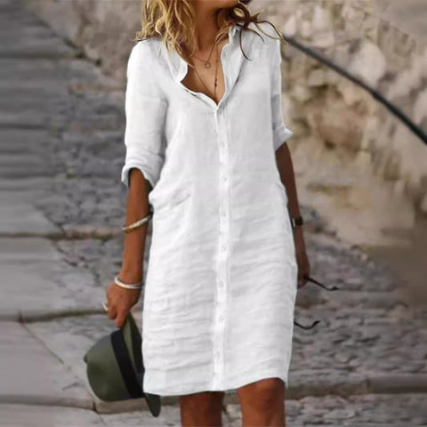 Loose Lapels Button Half Sleeve Solid Color Cotton and Linen Shirt Dress M300155