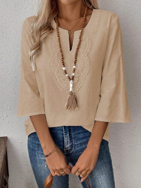 Women's loose solid color V-neck lace edge shirt m301477