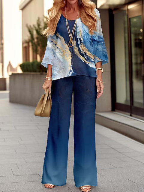 Long Sleeve Set Crew Neck Linen Printed Shirt Set m301254