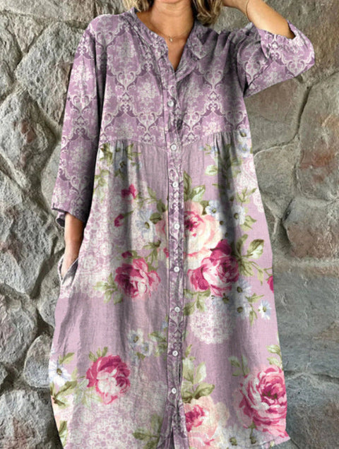 Women's Loose Crew Neck Fashion Premium Long Sleeve Printed Shirt Dress m301050