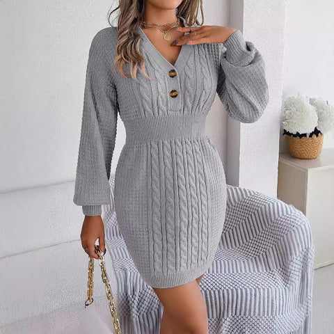 Button V-neck twist lantern sleeve hip sweater skirt m300577