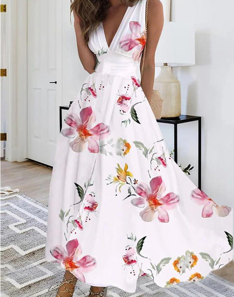 Women's new V-neck with lining high waist sleeveless printed sexy vest dress m301267