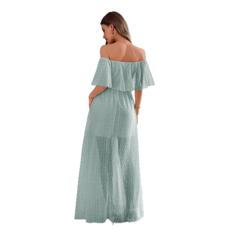 Casual simple wind off-the-shoulder semi-transparent slim-fit long dress m301413