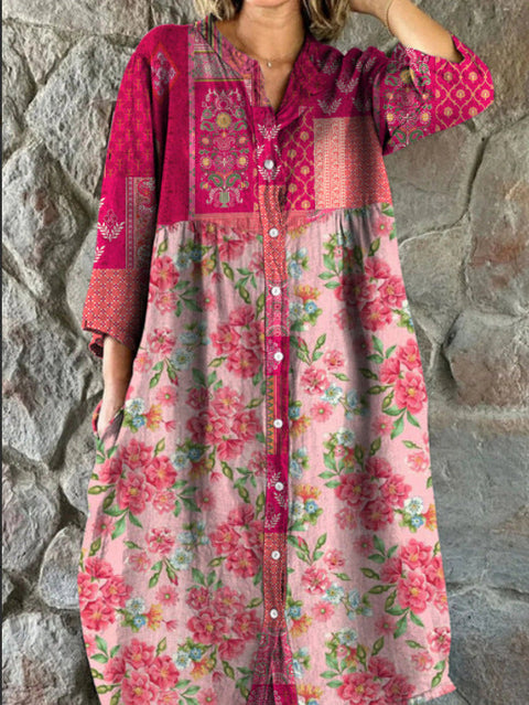 Women's Loose Crew Neck Fashion Premium Long Sleeve Printed Shirt Dress m301050