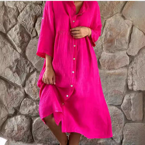 Cotton and linen solid color casual stand-up collar button long dress m301322