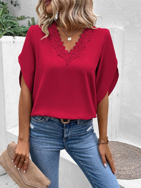 Solid color lace V-neck flared sleeve loose shirt blouse m300886