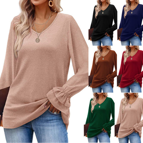 New flared sleeve long sleeve solid color t-shirt top m300552