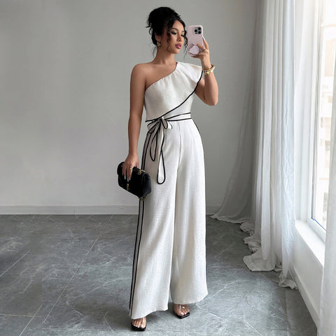 Elegant wind slanted shoulder vest wide leg pants jumpsuit m301391