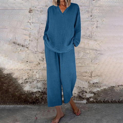 Casual V-neck pullover long sleeve plus pocket trousers cotton multi-color women's suit m301441