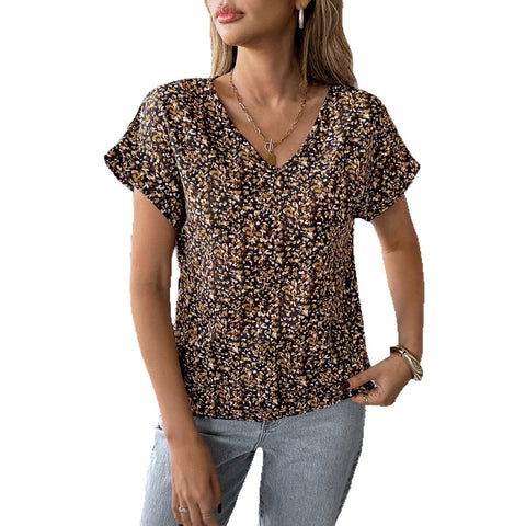 Holiday style floral short-sleeved T-shirt blouse m301398