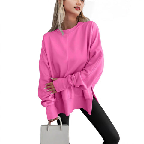 Loose sweater side split splicing round neck bat sleeve fleece top m302100