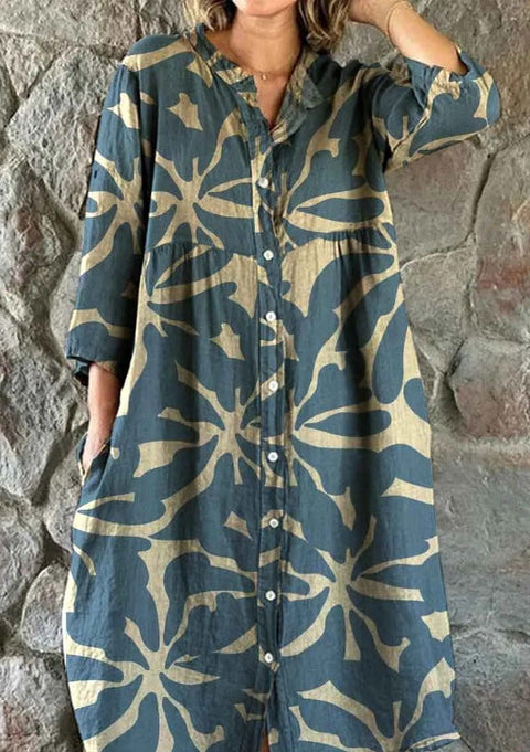 Women's Loose Crew Neck Fashion Premium Long Sleeve Printed Shirt Dress m301050