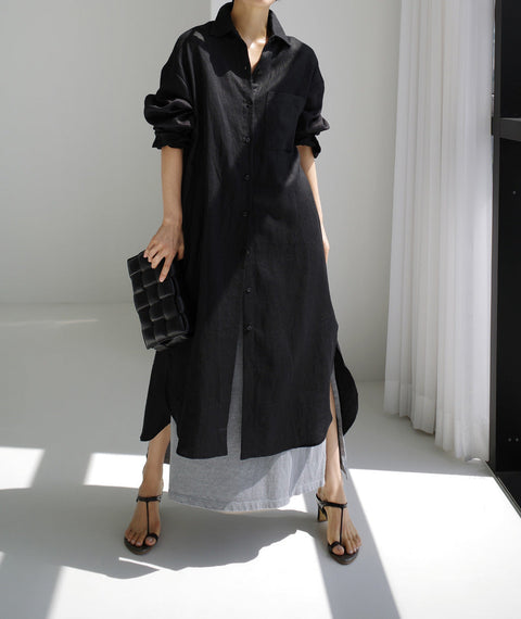 knee-length split-ended outer cotton and linen shirt solid color dress m300698