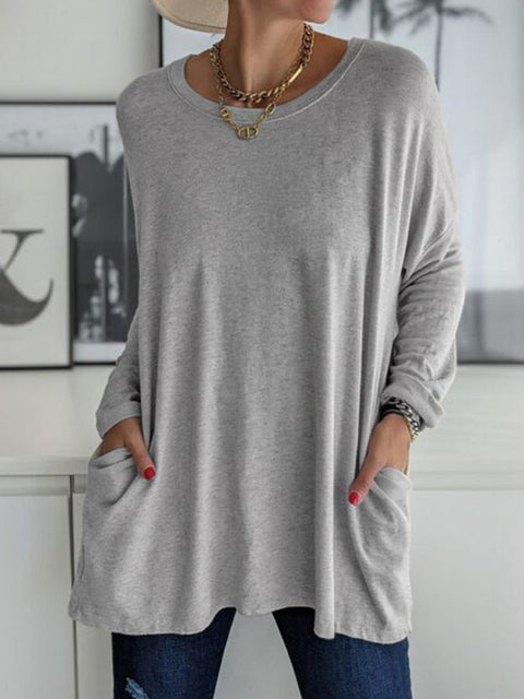 Crew neck long sleeve loose pocket solid color T-shirt casual women's clothing m301315