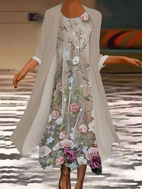 New women's long dress two-piece set flower and grass print crew neck dress m301251