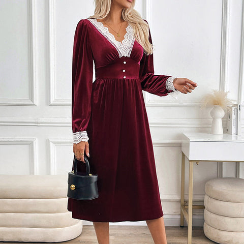 Autumn and winter velvet long dress autumn and winter lace splicing contrasting dress dress m300773