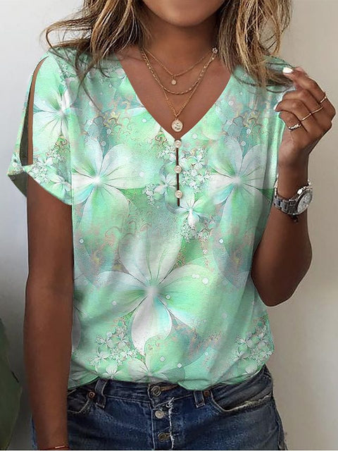 3D printed V-neck button-up T-shirt top daily short-sleeved m301263