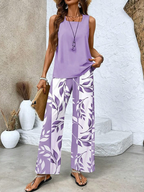 Casual square neck pullover vest plus trousers digital printing women's two pieces m301436