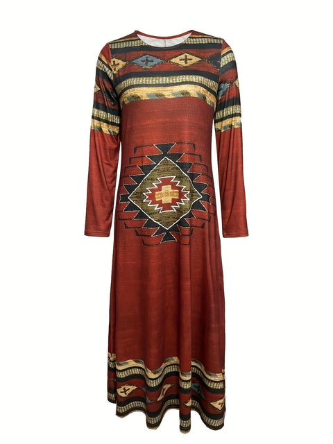 Geometric printing round neck long dress retro ethnic long dress m300711