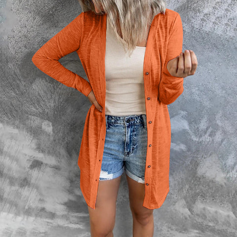 Long button solid color casual long sleeved cardigan women's m300020