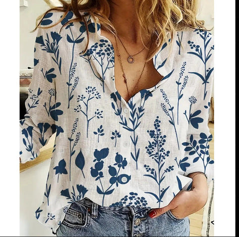 3D digital printing abstract pattern women's long-sleeved buckle linen shirt m301277