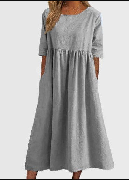 New cotton and linen casual short-sleeved pocket pleated loose round neck dress m300890