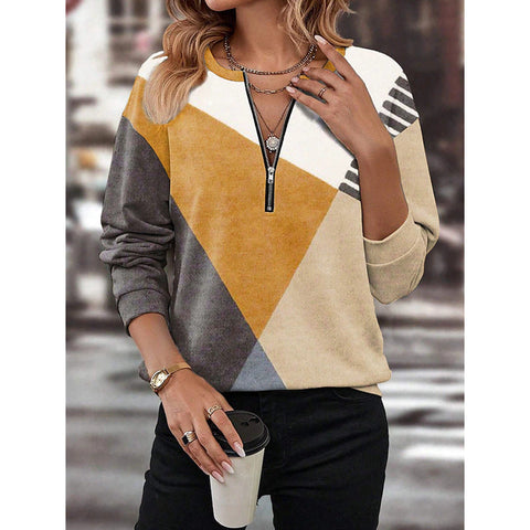Autumn and winter color matching loose zipper long-sleeved V-neck sweater m300608