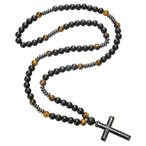 Natural stone black gallstone yellow tiger eye iron stone cross necklace hip hop necklace m3331291